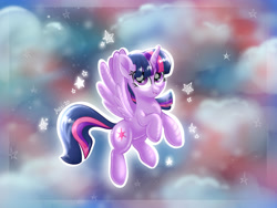 Size: 2000x1500 | Tagged: safe, artist:avui, twilight sparkle, alicorn, pony, g4, flying, shine, sky, solo, sparkles, stars, twilight sparkle (alicorn), wings