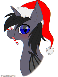 Size: 768x1024 | Tagged: safe, artist:dragonwithcoffee, oc, oc only, oc:astral gazer, alicorn, bat pony, bat pony alicorn, pony, bat wings, blushing, candy, candy cane, christmas, food, hat, heterochromia, holiday, horn, looking at you, male, santa hat, stallion, wings