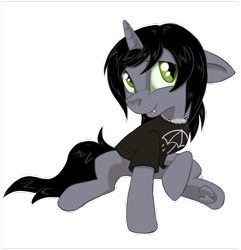 Size: 1156x1200 | Tagged: safe, artist:zhnlnx, pony, unicorn, clothes, commission, disguise, disguised siren, fangs, horn, jewelry, kellin quinn, looking at you, male, necklace, ponified, raised hoof, shirt, simple background, sitting, sleeping with sirens, slit pupils, solo, stallion, t-shirt, transparent background, underhoof, ych result