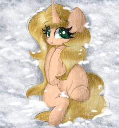 Size: 2013x2160 | Tagged: safe, artist:janelearts, oc, oc only, oc:carrot leah, pony, unicorn, eye clipping through hair, female, high res, looking at you, lying down, mare, on back, smiling, snow, solo, tongue out