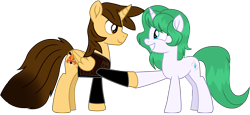 Size: 13859x6390 | Tagged: safe, artist:ejlightning007arts, oc, oc only, oc:choi sky, oc:ej, alicorn, pony, unicorn, absurd resolution, alicorn oc, clothes, cute, duo, female, first meeting, horn, male, mare, ocbetes, shaking hoof, simple background, smiling, stallion, transparent background, vector, wings