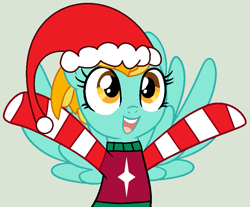 Size: 871x722 | Tagged: safe, artist:jadeharmony, artist:lullabyprince, lightning dust, pegasus, pony, g4, base used, bipedal, christmas, clothes, cute, dustabetes, female, gray background, hat, holiday, mare, open mouth, raised hoof, santa hat, simple background, socks, solo, striped socks, sweater