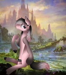Size: 1080x1231 | Tagged: safe, artist:rxndxm.artist, oc, oc only, earth pony, pony, castle, colored hooves, earth pony oc, outdoors, raised hoof, sitting, smiling, solo, spiked wristband, wristband