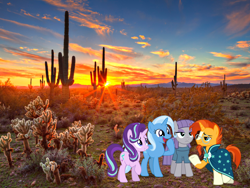 Size: 3998x3000 | Tagged: artist needed, safe, maud pie, starlight glimmer, sunburst, trixie, earth pony, pony, unicorn, fanfic:travel around the world with ponies, g4, arizona, desert, female, high res, irl, male, mare, photo, ponies in real life, sonoran desert, stallion, sunset, vector