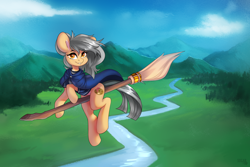 Size: 4500x3000 | Tagged: safe, artist:sugarstar, oc, oc only, oc:sugar space, earth pony, pony, rcf community, broom, crossover, detailed background, earth pony oc, female, flying, flying broomstick, grin, harry potter (series), high res, looking at you, mare, smiling, smiling at you, solo