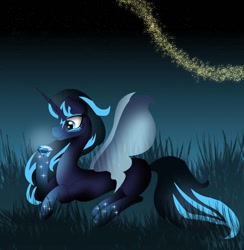 Size: 1080x1106 | Tagged: safe, artist:rxndxm.artist, oc, oc only, pony, butterfly wings, gem, hoof hold, lying down, night, outdoors, prone, solo, stars, wings