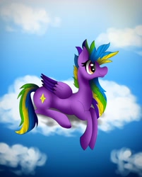 Size: 1080x1346 | Tagged: safe, artist:rxndxm.artist, oc, oc only, pegasus, pony, cloud, eyelashes, lying down, on a cloud, outdoors, pegasus oc, prone, smiling, solo, two toned wings, wings