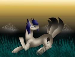 Size: 1080x810 | Tagged: safe, artist:rxndxm.artist, oc, oc only, pony, grass, looking back, lying down, multiple tails, outdoors, prone, raised hoof, solo