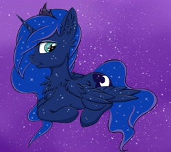Size: 3000x2673 | Tagged: safe, artist:rurihal, princess luna, alicorn, pony, g4, :t, chest fluff, female, high res, looking at you, lying down, mare, prone, sitting, solo, starry background
