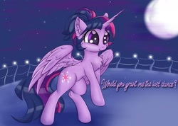 Size: 1519x1080 | Tagged: safe, artist:rurihal, twilight sparkle, alicorn, pony, g4, 2019, alternate hairstyle, balcony, chest fluff, cute, dialogue, ear fluff, female, full moon, mare, moon, night, smiling, solo, spread wings, twiabetes, twilight sparkle (alicorn), wings