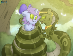 Size: 5200x4000 | Tagged: safe, artist:fluffyxai, oc, oc only, oc:melyssa, oc:swirly daze, lamia, original species, serpent, snake, unicorn, accessory, bow, coiling, coils, female, forest, gasping, hair bow, hoof on cheek, hypnosis, hypnotized, jewelry, kaa eyes, mare, mind control, smiling, smirk, sweat, sweatdrop, wrapped up, wrapping