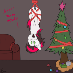 Size: 560x560 | Tagged: safe, artist:inky scroll, oc, oc:siren, pony, animated, bondage, christmas, christmas tree, commission, female, gif, holiday, mare, ribbon, suspended, swinging, tied up, tree, upside down, ych result
