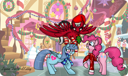Size: 954x572 | Tagged: safe, alternate version, artist:small-brooke1998, pinkie pie, oc, oc:heart mouse, alicorn, earth pony, pegasus, pony, g4, alicorn oc, blushing, canon x oc, clothes, grin, hearth's warming eve, holly, holly mistaken for mistletoe, horn, looking at each other, mouth, nervous, nervous smile, ponified, raised hoof, requested art, scarf, shatter (transformers), smiling, transformers, wings
