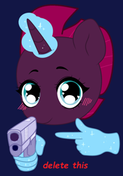 Size: 2076x2960 | Tagged: safe, artist:jadeharmony, artist:jeffapegas, tempest shadow, pony, unicorn, g4, base used, blue background, blushing, delet this, female, glowing horn, gun, hand, handgun, heart eyes, high res, horn, levitation, magic, magic hands, mare, meme, pistol, pointing, ponified meme, simple background, solo, starry eyes, telekinesis, tempest gets her horn back, tempest now has a true horn, weapon, wingding eyes