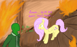 Size: 1217x744 | Tagged: safe, artist:notawriteranon, fluttershy, oc, oc:anon, pony, g4, crossover, dialogue, fire, silent hill