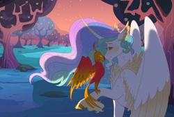Size: 2389x1617 | Tagged: safe, artist:iouise, philomena, princess celestia, alicorn, phoenix, pony, g4, apple, apple tree, chest feathers, cloven hooves, colored wings, colored wingtips, duo, facial hair, female, goatee, long feather, mare, tree