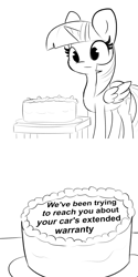 Size: 3000x6000 | Tagged: safe, artist:tjpones edits, edit, editor:i-shooped-a-pwny, twilight sparkle, alicorn, pony, g4, 2 panel comic, absurd resolution, black and white, black forest cake, cake, car, comic, female, food, grayscale, mare, meme, message, monochrome, portal (valve), seems legit, simple background, solo, the cake is a lie, twilight sparkle (alicorn), white background
