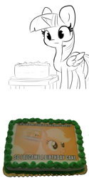 Size: 3000x6000 | Tagged: safe, artist:tjpones edits, edit, editor:i-shooped-a-pwny, applejack, twilight sparkle, alicorn, earth pony, pony, g4, 2 panel comic, absurd resolution, birthday cake, black and white, black forest cake, cake, caption, comic, droste effect, female, food, grayscale, image macro, mare, meme, message, monochrome, portal (valve), recursion, simple background, solo, text, the cake is a lie, they told me, twilight sparkle (alicorn), white background