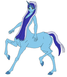Size: 754x866 | Tagged: safe, artist:cdproductions66, artist:nypd, minuette, centaur, monster girl, anthro, g4, background pony, base used, blue eyes, blue hair, centaurified, cleavage, female, godiva hair, hooves, horn, human head, missing cutie mark, nudity, raised hooves, simple background, solo, strategically covered, transparent background, two toned hair, two toned tail, unicorn horn, unitaur