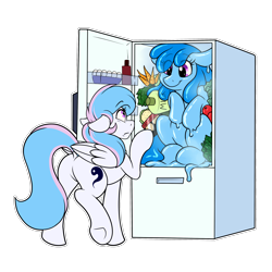 Size: 2800x2800 | Tagged: safe, artist:sugaryviolet, oc, oc only, oc:flowheart, oc:starburn, goo, goo pony, original species, pegasus, pony, butt, duo, ears back, female, food, high res, mare, plot, refrigerator, simple background, sticker, surprised, transparent background
