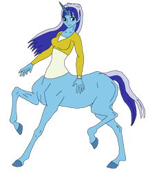 Size: 754x866 | Tagged: safe, alternate version, artist:cdproductions66, artist:nypd, minuette, centaur, monster girl, anthro, g4, background pony, base used, blue eyes, blue hair, breasts, busty minuette, centaurified, clothes, female, hooves, horn, human head, long hair, long sleeves, missing cutie mark, raised hooves, reasonably sized breasts, shirt, simple background, solo, transparent background, two toned hair, two toned tail, undershirt, unicorn horn, unitaur, watch, wristwatch