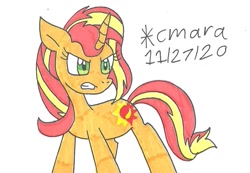 Size: 1031x712 | Tagged: safe, artist:cmara, sunset shimmer, pony, unicorn, g4, angry, female, gritted teeth, mare, simple background, solo, traditional art, white background