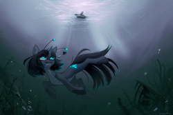 Size: 3000x2000 | Tagged: safe, artist:vincher, oc, oc:orchid, fish, kaiju, kaiju pony, pony, shark, air bubble, angler seapony, antennae, bioluminescent, boat, bubble, chromatic aberration, commissioner:lemondrop, crepuscular rays, giant pony, glowing eyes, high res, macro, ocean, pale belly, scuba diving, scuba gear, seaweed, sharp teeth, shipwreck, signature, swimming, teeth, underwater