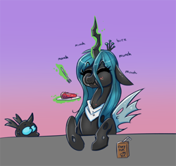 Size: 1930x1830 | Tagged: safe, artist:confetticakez, queen chrysalis, oc, oc:imago, changeling, changeling queen, g4, chocolate, chocolate milk, cute, cutealis, duo, eating, eyes closed, female, food, fork, magic, male, milk, onomatopoeia, pie, sound effects, sweat, telekinesis, want, woonoggles