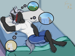 Size: 2048x1536 | Tagged: safe, artist:frist44, oc, oc only, oc:lee enfield, anthro, plantigrade anthro, bed, blushing, clothes, desperation, dream, feet, fetish, hose, male, male feet, need to pee, omorashi, on bed, potty emergency, potty time, shirt, shorts, sleeping, solo, t-shirt, thought bubble, toilet, waterfall