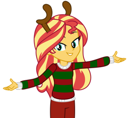 Size: 1024x951 | Tagged: safe, alternate version, artist:emeraldblast63, sunset shimmer, equestria girls, g4, clothes, fake antlers, female, looking at you, simple background, smiling, solo, sweater, transparent background