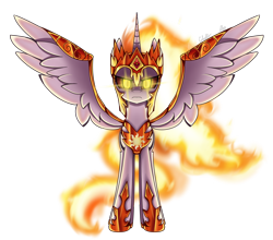 Size: 2500x2200 | Tagged: safe, artist:opal_radiance, daybreaker, princess celestia, alicorn, pony, crown, female, frown, glowing, glowing eyes, high res, hoof shoes, jewelry, looking at you, mane of fire, mare, regalia, simple background, solo, spread wings, transparent background, wings