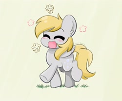 Size: 3500x2900 | Tagged: safe, artist:kittyrosie, derpy hooves, pegasus, pony, g4, blushing, cute, derpabetes, ear fluff, eyes closed, female, food, grass, happy, high res, mare, muffin, open mouth, solo, walking