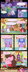 Size: 1280x3310 | Tagged: safe, artist:bigsnusnu, berry punch, berryshine, cup cake, derpy hooves, pinkie pie, raven, spike, twilight sparkle, earth pony, pegasus, pony, unicorn, comic:dusk shine in pursuit of happiness, g4, blushing, clothes, comic, costume, dusk shine, fear, female, gravity falls, half r63 shipping, halloween, holiday, implied sex, mabel pines, male, mare, nightmare night costume, paper bag, paper bag wizard, prank, pregnancy scare, pregnancy test, rick and morty, rick sanchez, rule 63, shipping