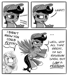 Size: 1850x2064 | Tagged: safe, artist:chopsticks, oc, oc only, oc:chopsticks, oc:party confetti, earth pony, pegasus, pony, black and white, butt fluff, cheek fluff, chest fluff, comic, dialogue, female, floating, flying, grayscale, hat, male, monochrome, mouth hold, pen, simple background, text, unamused, unshorn fetlocks, white background, writing
