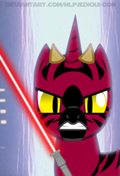 Size: 732x1078 | Tagged: safe, artist:mlpjediqui-gon, earth pony, pony, zabrak, zebra, angry, apprentice, darth maul, duel of the fates, gritted teeth, hate, horns, lightsaber, sith, species swap, star wars, star wars: the phantom menace, weapon, zebrafied