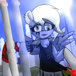 Size: 2000x2000 | Tagged: safe, artist:mjsw, derpy hooves, pegasus, pony, g4, clothes, crossover, female, high res, mare, mirror's edge, mlem, offscreen character, pov, reflection, silly, skyscraper, solo, tattoo, tongue out