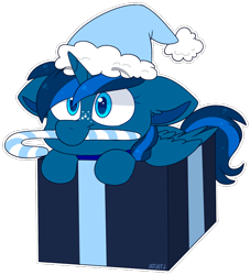 Size: 680x750 | Tagged: safe, artist:jetjetj, part of a set, oc, oc only, oc:lightning charge, alicorn, pony, candy, candy cane, chibi, christmas, commission, female, food, hat, holiday, mare, mouth hold, present, santa hat, simple background, solo, transparent background, ych result