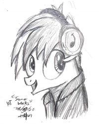 Size: 1472x1840 | Tagged: safe, artist:johnerose126, sandbar, earth pony, pony, g4, bust, clothes, headphones, male, monochrome, shirt, sketch, solo, traditional art