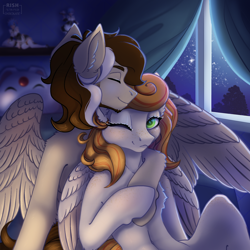 Size: 1500x1500 | Tagged: safe, artist:striped-chocolate, oc, oc:megan rouge, oc:novich, pegasus, pony, rcf community, duo, female, love, male, megich, night, oc x oc, pegasus oc, shipping, wings