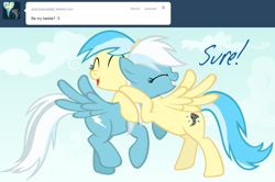 Size: 1280x848 | Tagged: safe, artist:ask-fleetfoot, fleetfoot, misty fly, pegasus, pony, g4, alternate hairstyle, ask-fleetfoot, blue coat, blue mane, blue tail, female, green eyes, hug, mare, show accurate, solo, tail, two toned mane, white mane, white tail, wings