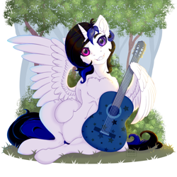 Size: 2000x2000 | Tagged: safe, artist:striped-chocolate, oc, oc only, oc:amber"ace"melody, alicorn, pony, rcf community, alicorn oc, female, guitar, heterochromia, high res, horn, musical instrument, solo, wings