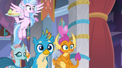 Size: 1366x768 | Tagged: safe, screencap, gallus, ocellus, silverstream, smolder, changedling, changeling, dragon, griffon, hippogriff, g4, she's all yak, crossed arms, dragoness, female, male