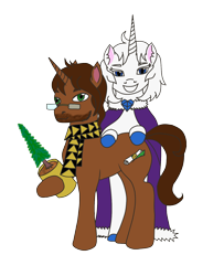 Size: 1260x1554 | Tagged: safe, artist:assertiveshypony, oc, oc only, oc:green scroll, oc:snowmoon, pony, unicorn, 2021 community collab, derpibooru community collaboration, beard, bipedal, cloak, clothes, cutie mark, facial hair, glasses, looking at you, plant, scarf, simple background, transparent background, tree