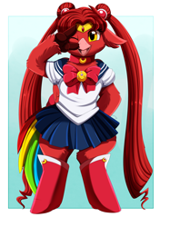 Size: 2850x3809 | Tagged: safe, artist:pridark, oc, oc only, hippogriff, anime, bipedal, clothes, cosplay, costume, crossover, high res, hippogriff oc, patreon, patreon reward, rainbow tail, sailor moon, sailor moon (series), solo, tsukino usagi