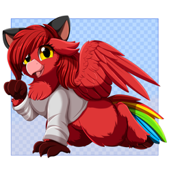 Size: 3509x3550 | Tagged: safe, artist:pridark, oc, oc only, hippogriff, chest fluff, clothes, cute, female, high res, hippogriff oc, looking at you, ocbetes, open mouth, rainbow tail, shirt, smiling, solo, t-shirt