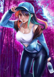 Size: 1447x2046 | Tagged: safe, artist:bunsogen, edit, rainbow dash, human, g4, breasts, busty rainbow dash, cap, cleavage, clothes, female, hat, humanized, solo, sports bra, trace, water bottle