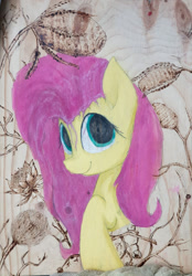 Size: 1350x1945 | Tagged: safe, artist:mcartank, fluttershy, pony, g4, bust, female, looking at you, mare, mixed media, plant, plants, portrait, pyrography, raised hoof, smiling, solo, stray strand, three quarter view, traditional art, watercolor painting, wood