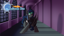 Size: 3556x2000 | Tagged: safe, artist:lrusu, oc, oc only, bat pony, pony, bat pony oc, bat wings, castle, cloak, clothes, colored pupils, cover art, female, green eyes, high res, mare, night, solo, symbol, wings, wings down