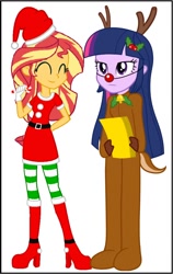 Size: 740x1168 | Tagged: safe, sunset shimmer, twilight sparkle, equestria girls, g4, animal costume, christmas, clothes, costume, holiday, reindeer costume, santa costume
