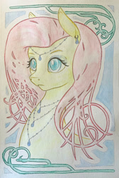Size: 888x1320 | Tagged: safe, artist:grokostimpy, fluttershy, pony, g4, bust, ear piercing, earring, female, forehead pendant, hair chain, headpiece, jewelry, looking away, mare, modern art, necklace, nouveau, pendant, piercing, portrait, solo, three quarter view, traditional art
